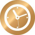 A white outline image of a clock inside a gold shaded circle